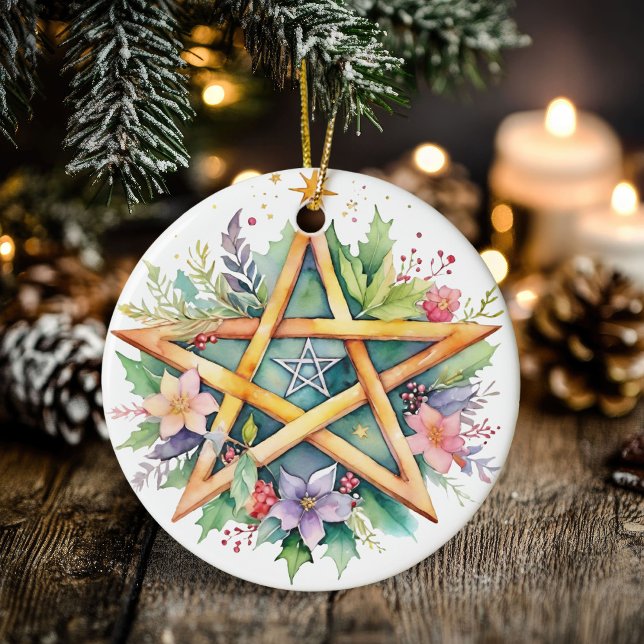 Yule Träd Winter Solstice Blommigt Wicca Pentacle Julgransprydnad Keramik (Yule Tree Winter Solstice Floral Wicca Pentacle Ceramic Ornament)