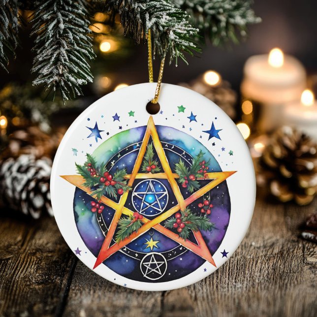 Yule Träd Winter Solstice Holly Wicca Pentacle Julgransprydnad Keramik (Yule Tree Winter Solstice Holly Wicca Pentacle Ceramic Ornament)