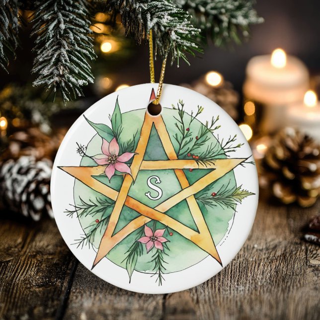 Yule Träd Winter Solstice Monogram Wicca Pentacle Julgransprydnad Keramik (Yule Tree Winter Solstice Monogram Wicca Pentacle Ceramic Ornament)