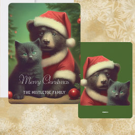 Yule Vintage Bear & Black Cat Platt Julkort