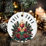 Yule Winter Solstice Poinsettia & Greenery Wicca Julgransprydnad Keramik<br><div class="desc">Öka din träd med den här Yule Winter Solstice Poinsettia & Greenery Wicca-designen. Den här mallen är helt redigerbar,  t.ex. text,  färg,  färg i bakgrunden. Ha en Merry och Bless Winter Solstice!</div>