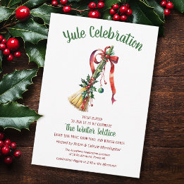 Yule Winter Solstice Witch Broom Holly Besom Inbjudningar