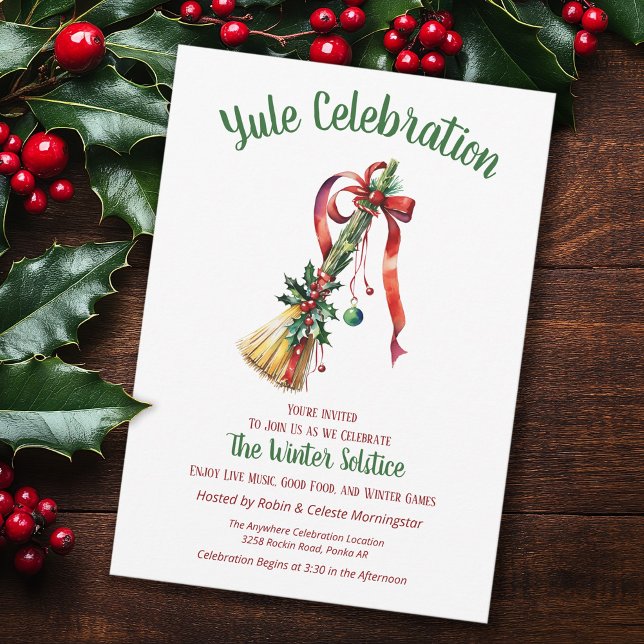 Yule Winter Solstice Witch Broom Holly Besom Inbjudningar (Skapare uppladdad)