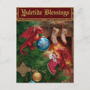 Yuletide Blessings Fantasy Dragon Jul Helg Vykort