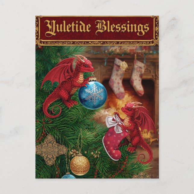 Yuletide Blessings Fantasy Dragon Jul Helg Vykort (Framsida)