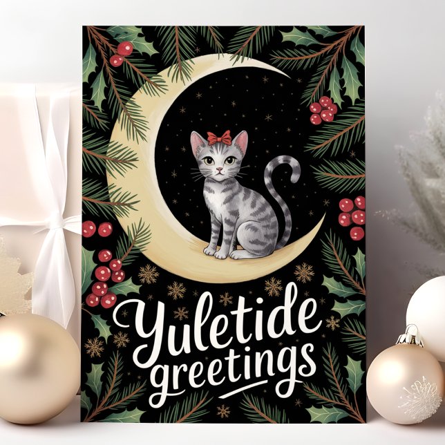 Yuletide Hälsning Cat på julen Måne Helgkort (Skapare uppladdad)