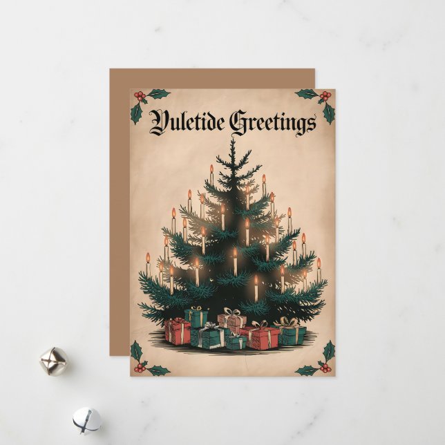 Yuletide Hälsning - Festive Candlelit Träd Julkort (Fram/Back In Situ)