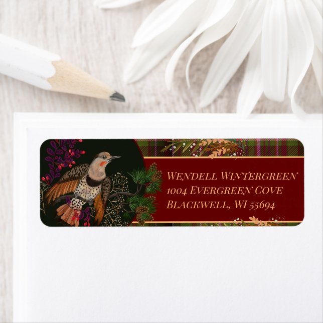 Yuletide Hälsning Northern Flicker Label Returadress Etikett (Insitu)