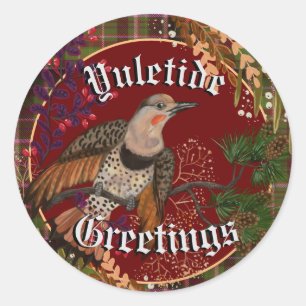 Yuletide Hälsning Northern Flicker Runt Klistermärke