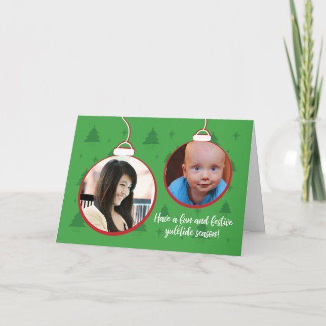Yuletide Julhelg Grönt med Photo Ornaments Kort (Framsida)