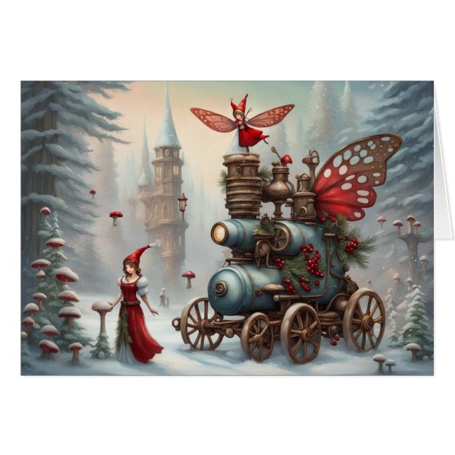 Yuletide Steampunk Engine Hälsning Helgdag Card Hälsningskort (Framsidan Horizontal)