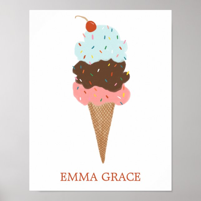 Yummy Colorful Ice Cream Cone Triple Scoop ANPASSN Poster (Framsidan)