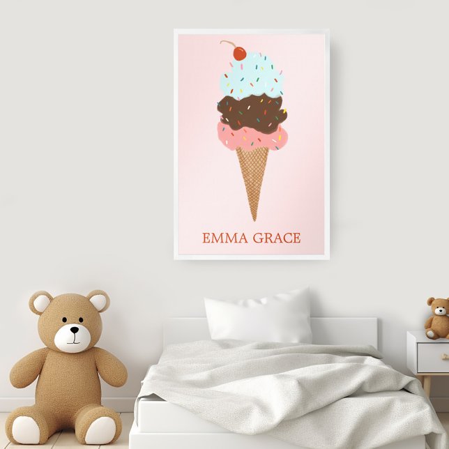 Yummy Colorful Ice Cream Cone Triple Scoop ANPASSN Poster (Yummy Colorful Ice Cream Cone Triple Scoop CUSTOM Wall Art Poster-personalize name for baby nursery)