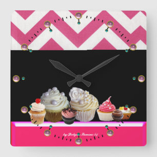 YUMMY COLORFUL MUFFINSS DESERT SHOP Rosa Chevron Fyrkantig Klocka
