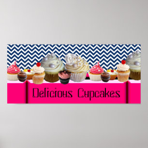 YUMMY MUFFINSS DESERT SHOP/ BLUE WHITE CHEVRON POSTER