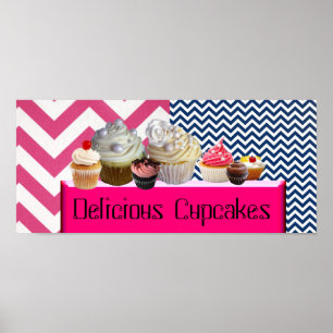 YUMMY MUFFINSS DESERT SHOP/ROSA BLUE WHITE CHEVRON POSTER