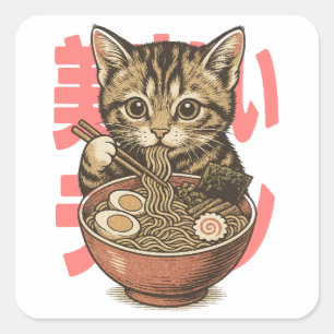 Yummy Ramen Kitten Sticker Fyrkantigt Klistermärke