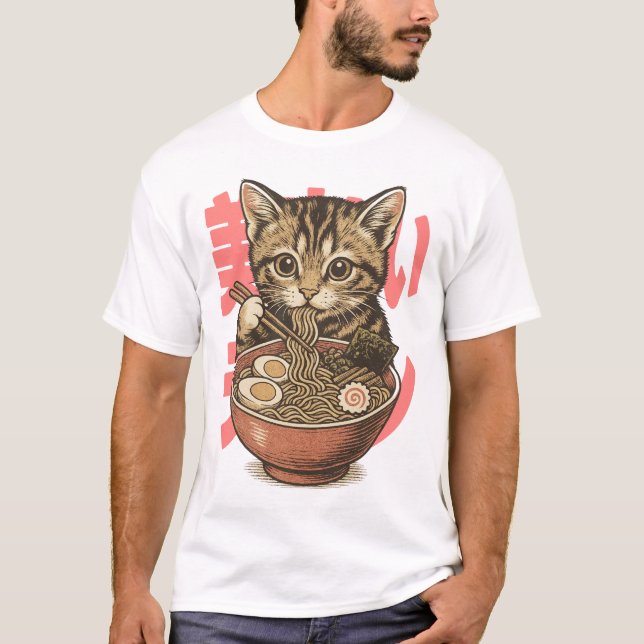 Yummy Ramen Kitten White T Shirt (Framsida)