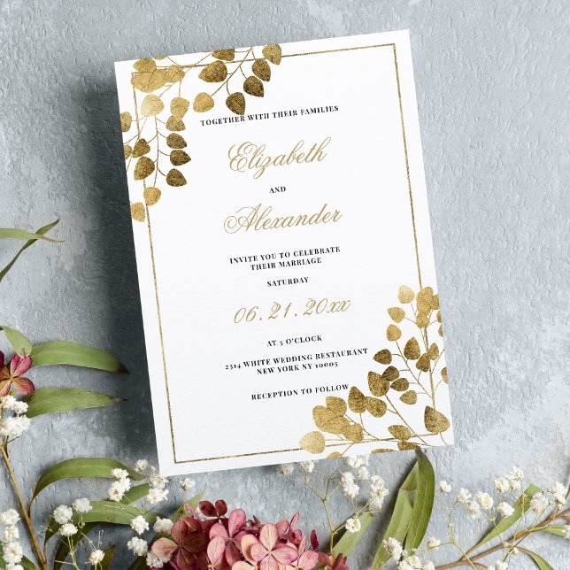 Yxur, traditionell vit guld eukalyptus bröllop inbjudningar (Luxury traditional white gold eucalyptus wedding invitation )
