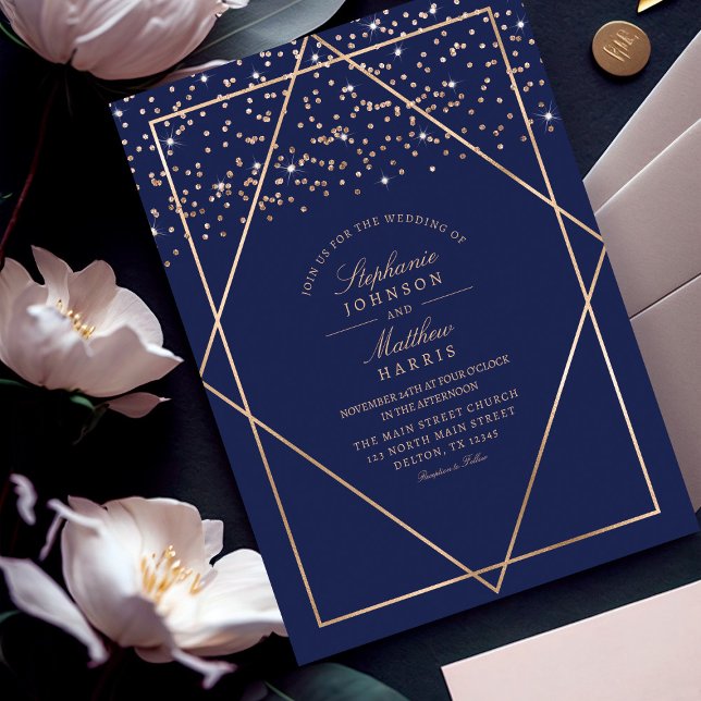 Yxury Guld Glitter Confetti Navy Blue Bröllop Inbjudningar (Skapare uppladdad)