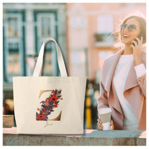 Z Brev Guld Monogram Red Lila Gult Blommigt Jumbo Tygkasse