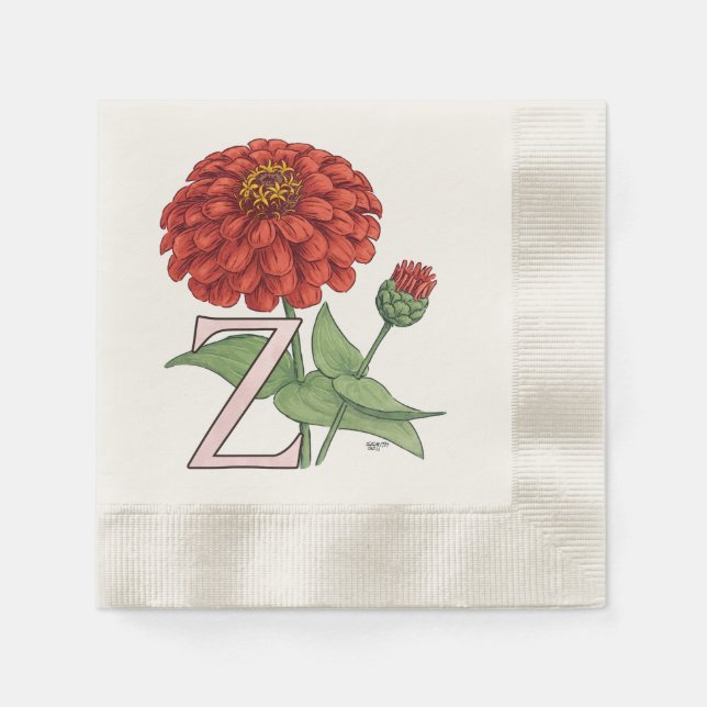 Z för Zinnia Flower Monogram Blommigt Art. Pappersservett (Framsidan)