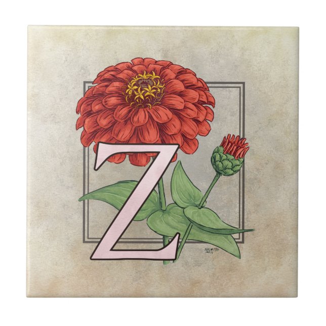 Z för Zinnias Flower Blommigt Monogram Art. Kakelplatta (Framsidan)