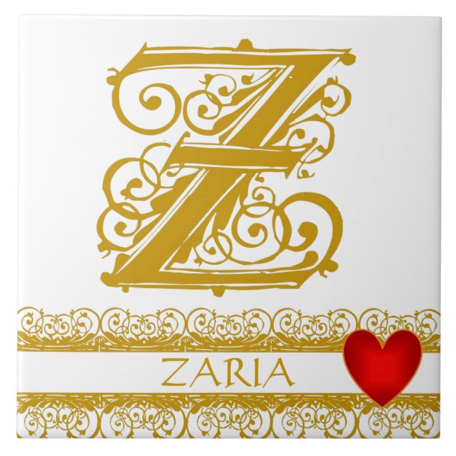 Z Monogram Namn Guld Snöre Red Heart Template Tile Kakelplatta (Framsidan)