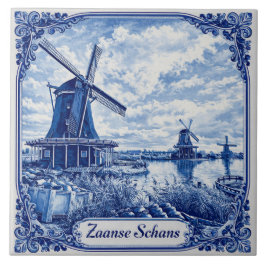 Zaanse Schans Delft Blue style ceramic tile Kakelplatta