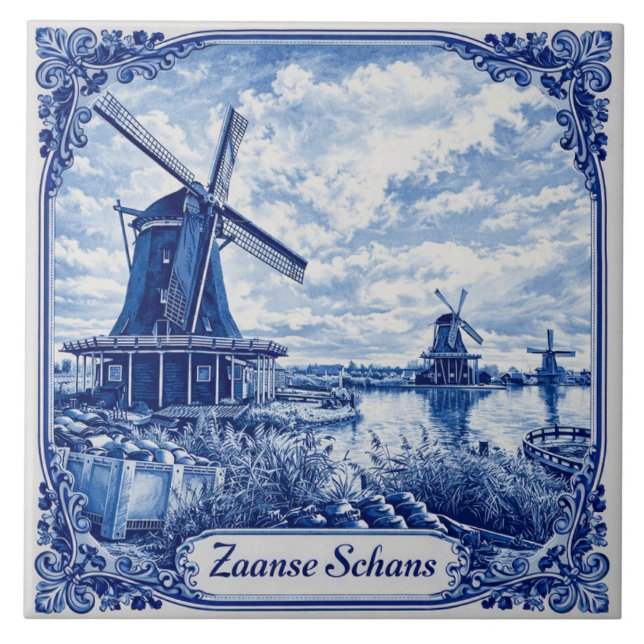 Zaanse Schans Delft Blue style ceramic tile Kakelplatta (Framsidan)