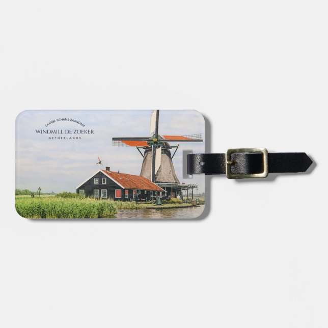Zaanse Schans Väderkvarn Akvarell Holländskt kultu Bagagebricka (Horisontell Framsida)