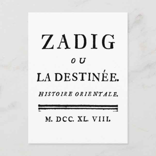 Zadig, eller Bok av ödet - Descartes Vykort (Framsida)