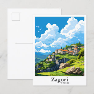 Zagori Greece Art Vintage resor Illustration Vykort