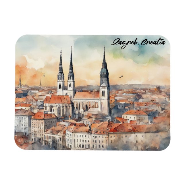Zagreb Kroatien City Silhouette Watercolor Magnet (Horisontell)