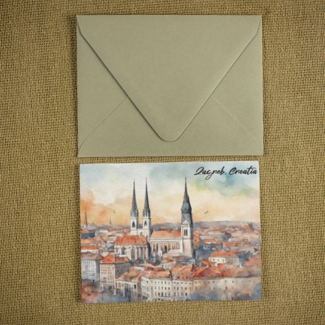 Zagreb Kroatien City Silhouette Watercolor Vykort (zagreb croatia watercolor postcard)