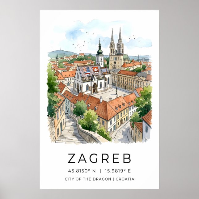 Zagreb Stad Akvarelltryck, Katedralspira Poster (Framsidan)