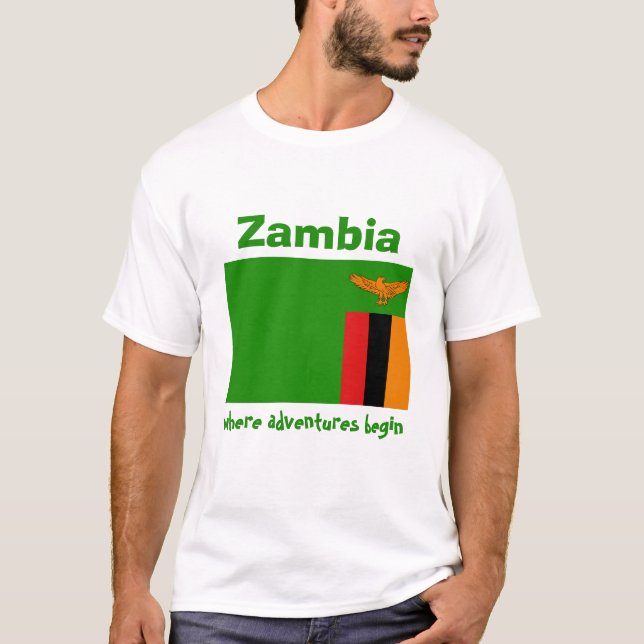 Zambia Flagga + Karta + text T-Shirt (Framsida)