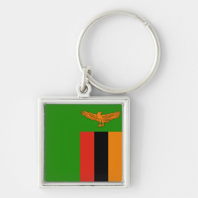 Zambia flagga Keychain Fyrkantig Silverfärgad Nyckelring (Framsidan)