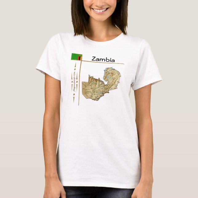 Zambia Karta + Flagga + Titel T-Shirt (Framsida)