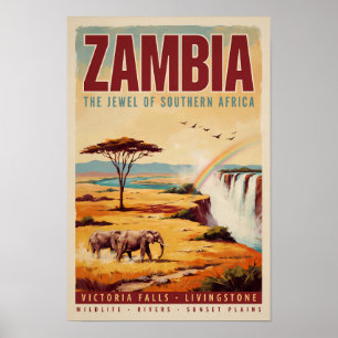Zambia Landskapsillustration Resa Konst Vintage Poster