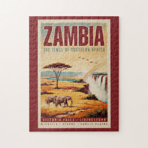 Zambia Landskapsillustration Resa Konst Vintage Pussel