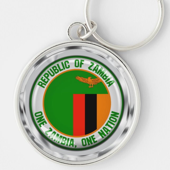 Zambia Round Emblem Rund Silverfärgad Nyckelring (Framsidan)