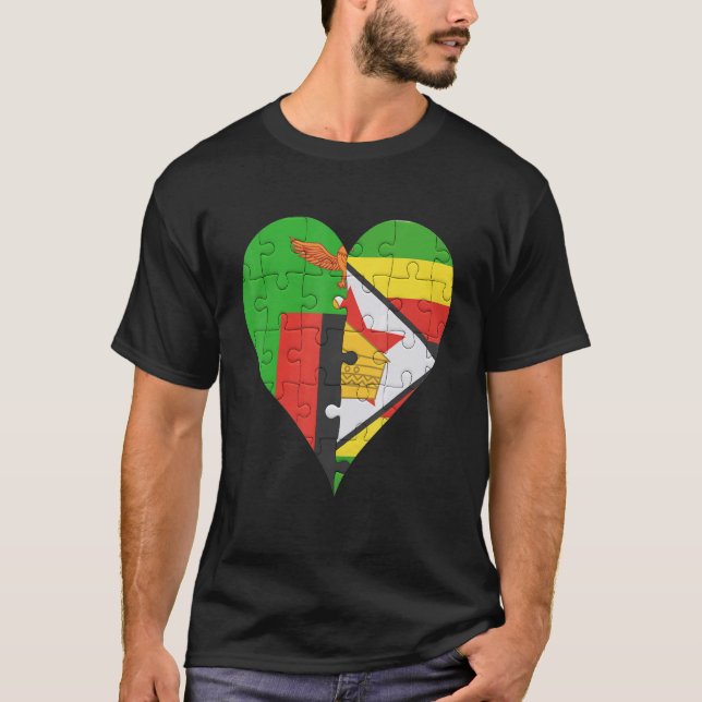 Zambian Zimbabwe Flagga Heart T Shirt (Framsida)