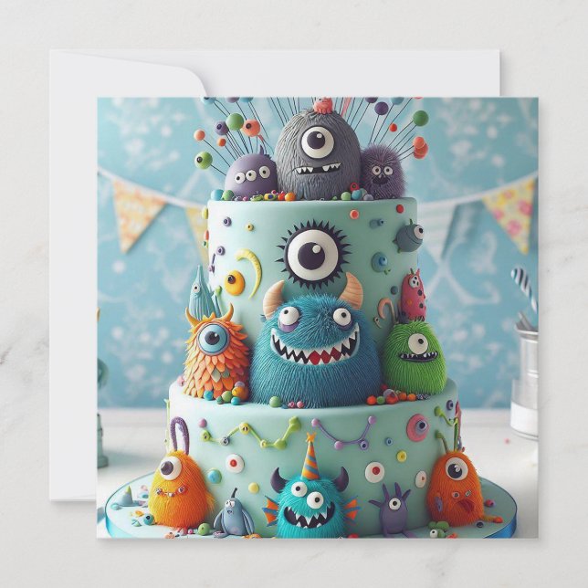 ZANY COMICAL KOOKY MONSTER CAKE BIRTHDAY INBJUDNINGAR (Framsida)