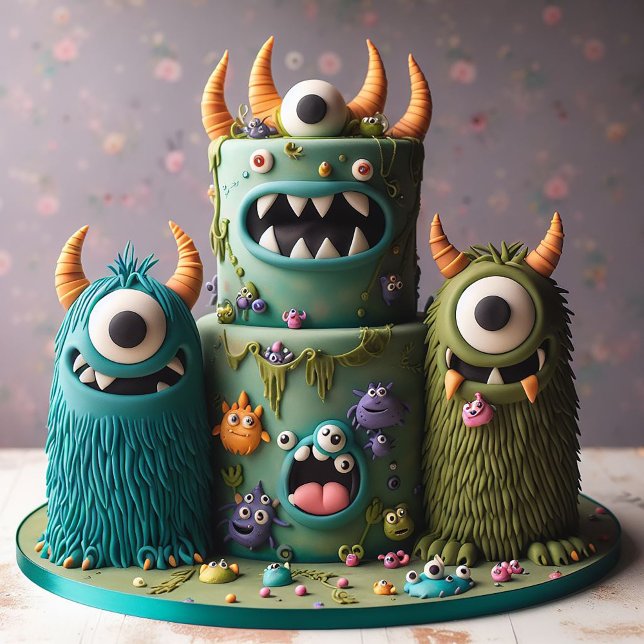 ZANY MONSTERS DECORATED BARNS FÖDELSEDAG CAKE KORT (Skapare uppladdad)