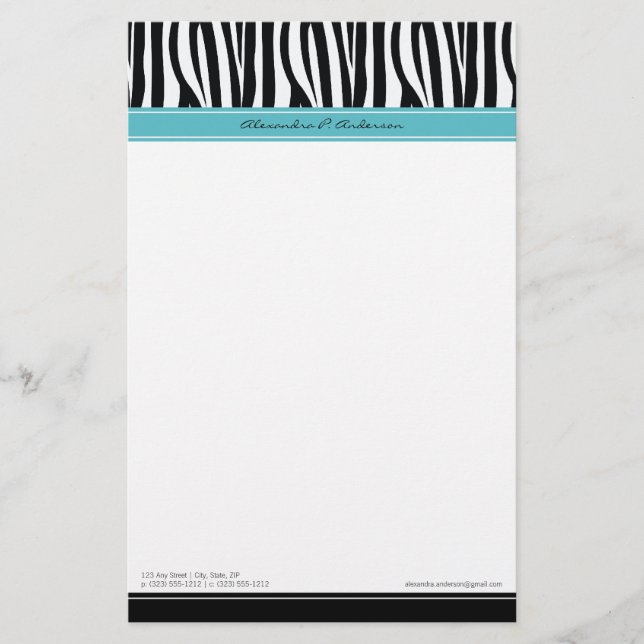 Zany Zebra Aqua Customized Designer Stationery Brevpapper (Framsida)