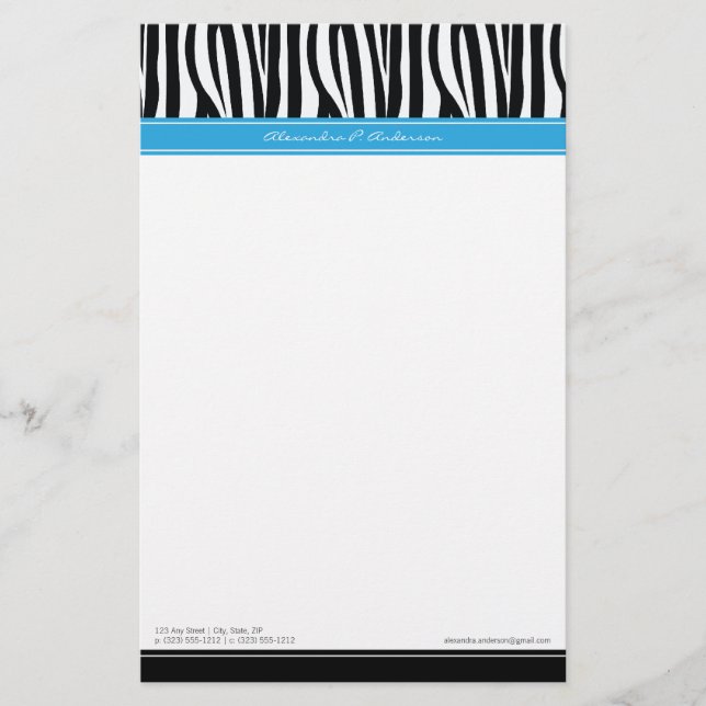 Zany Zebra Blue Customized Designer Stationery Brevpapper (Framsida)