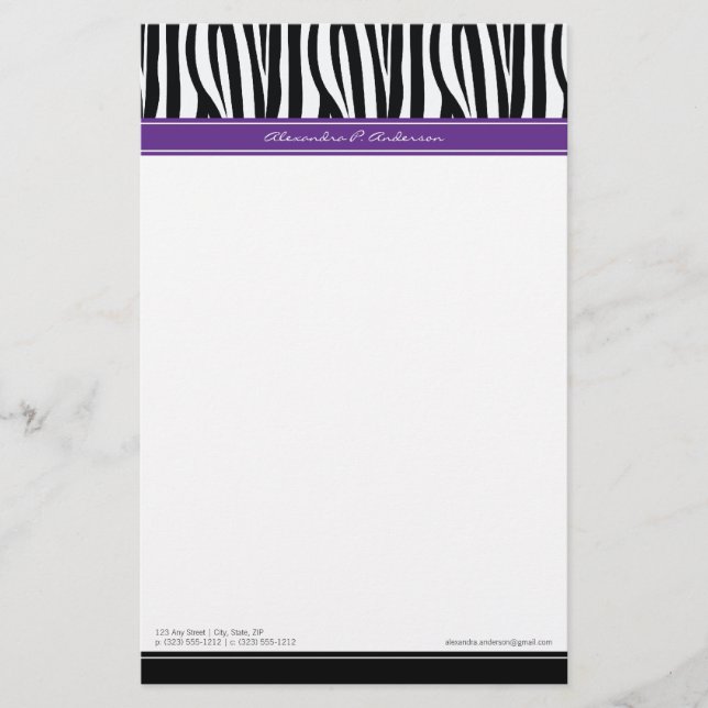 Zany Zebra Lila Customized Designer Stationery Brevpapper (Framsida)