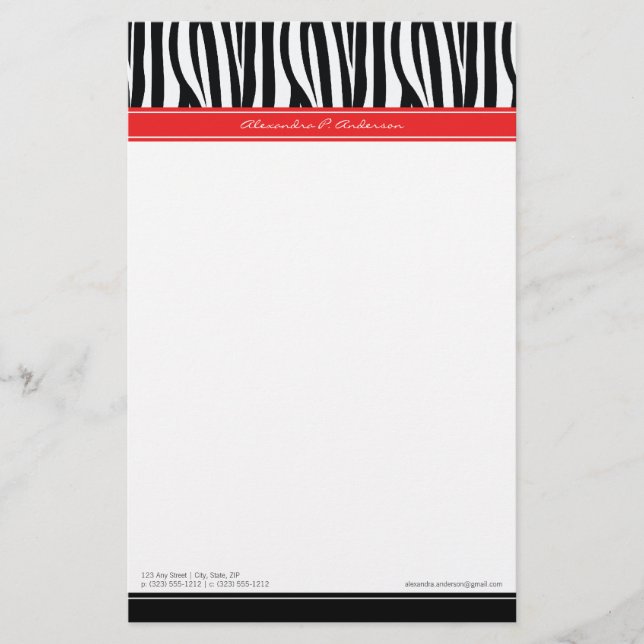 Zany Zebra Red Customized Designer Stationery Brevpapper (Framsida)