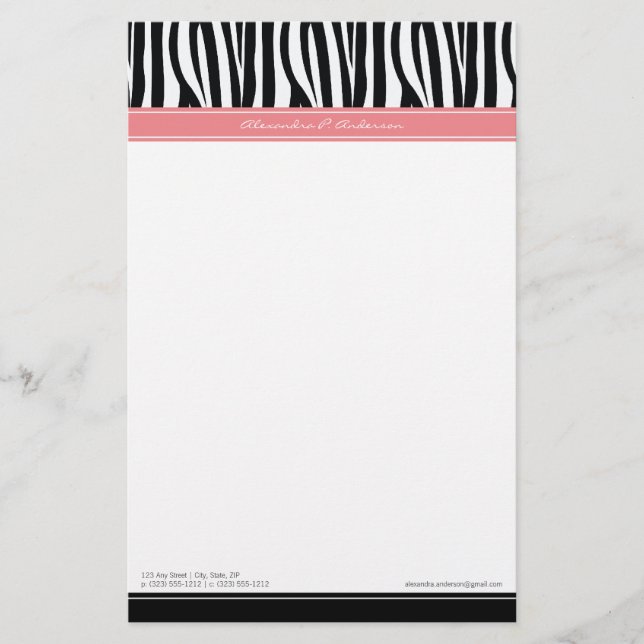 Zany Zebra Rosa Customized Designer Stationery Brevpapper (Framsida)